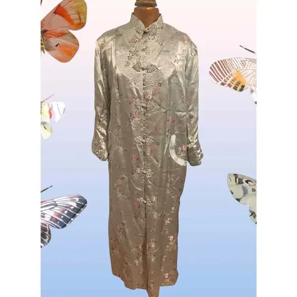 Vtg Gold Asian Satin Brocade Long Cheongsam Robe Jacket Embroidered Floral Sz XL - Picture 3 of 13